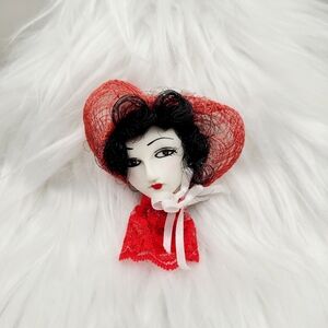 Vintage Lady Face Brooch - Black Hair, Red Hat with White Bows